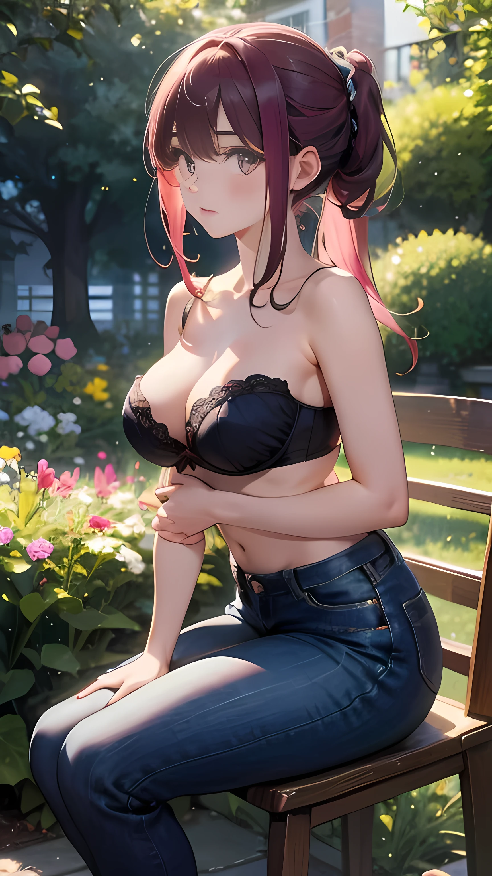 illustration:Ultra-delicate,White skin,Large breasts:15,Denim black pants1:5,Black underwear 1:5,Strapless bra1:5,Long pink hair,Hair at the back,Hair tied up,The background is the garden,There are chairs in the garden,sit on the chair,Cover your legs with a blanket,The fluffy quilt is still on my legs