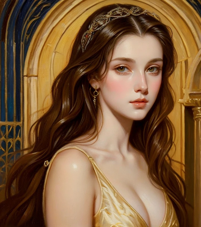 Art nouveau, young woman dressed in golden silk, Don Lawrence, digital, D'Albert Uderzo and Frank Bellamy, Photorealistic oil and ink