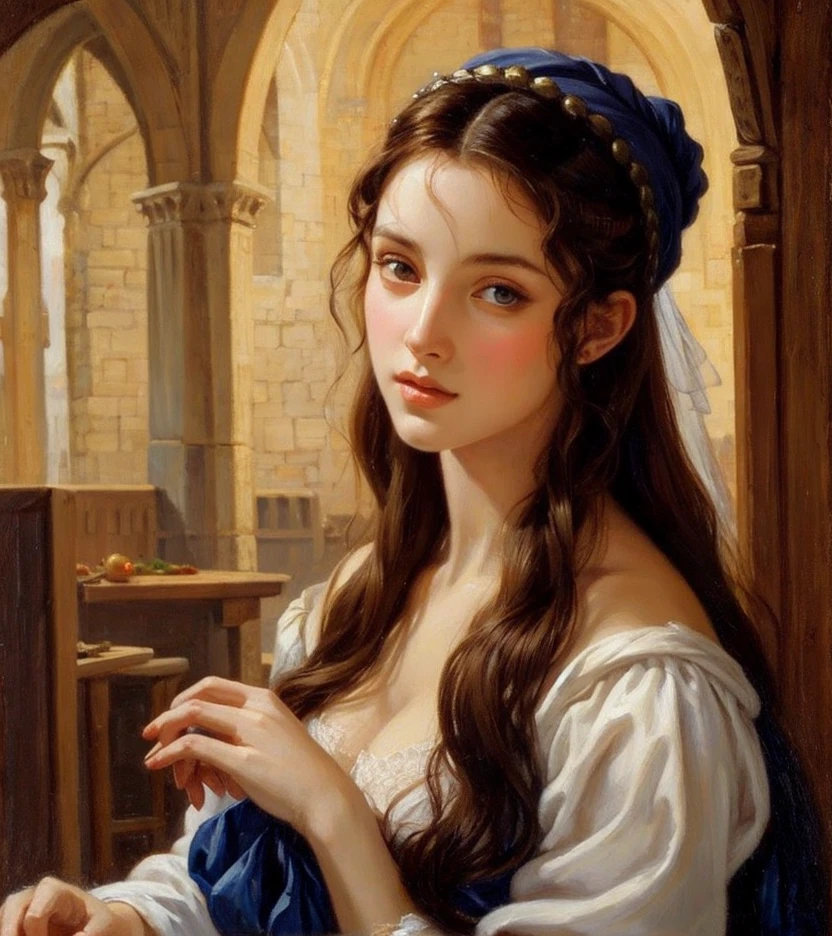 Medieval France, Beautiful woman, unique beauty, Oil Painting, work of art, long hair, seducing gaze, young woman