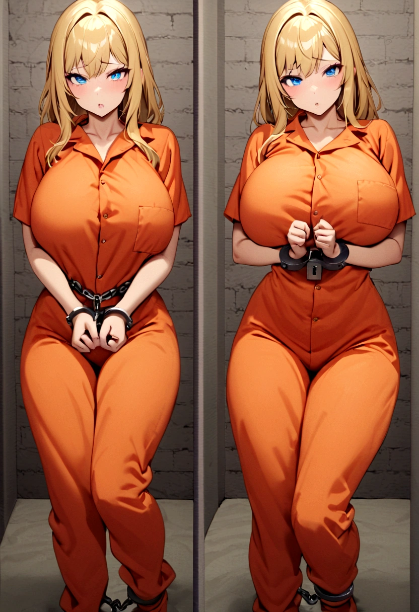 mugshot, view the viewer, Huge breast, prisoner, prison girl, jailed, prisoned, orange prison jumpsuit, Handcuffed, Restrained, shackle, domina, jail cell, lock, long blonde hair, blue eyes