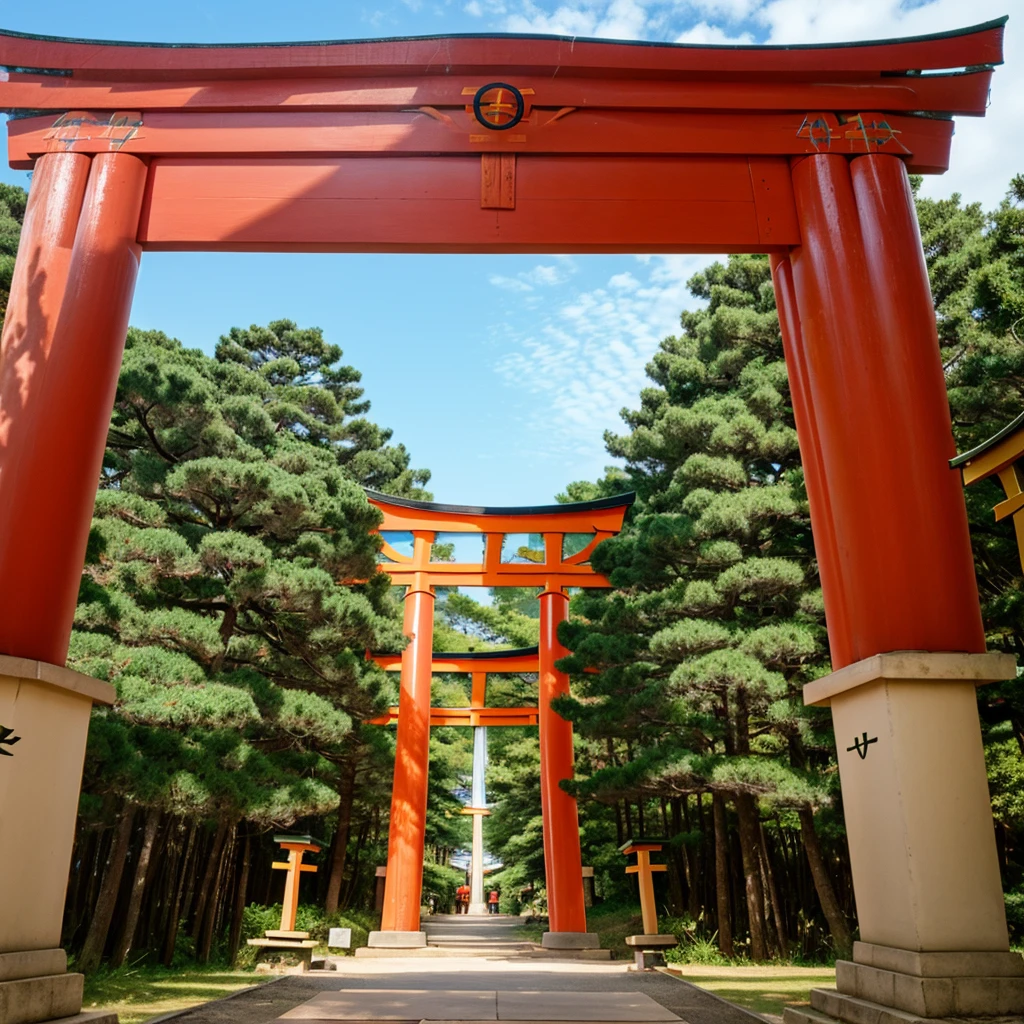 The focal point is a (((large torii))) gate painted in a vibrant vermilion (vermilion)