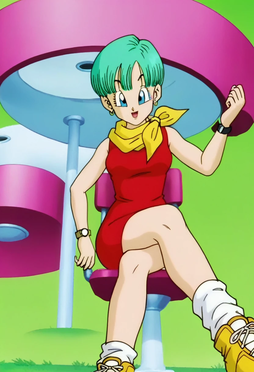 fountain_cheered up, score_9, score_8_above, score_7_above, cheered up screencap,
BULMA, 1 girl, Alone, buu saga, aquamarine hair, very short hair, bowl cut, Blue eyes, wristwatch, yellow scarf, Red dress, sleeveless, loose socks, Yellow sneakers, Grass, Field, from below,legs crossed iN Chair