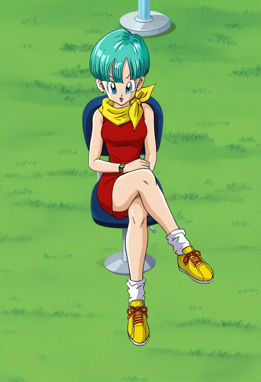 fountain_cheered up, score_9, score_8_above, score_7_above, cheered up screencap,
BULMA, 1 girl, Alone, buu saga, aquamarine hair, very short hair, bowl cut, Blue eyes, wristwatch, yellow scarf, Red dress, sleeveless, loose socks, Yellow sneakers, Grass, Field, from below,legs crossed iN Chair