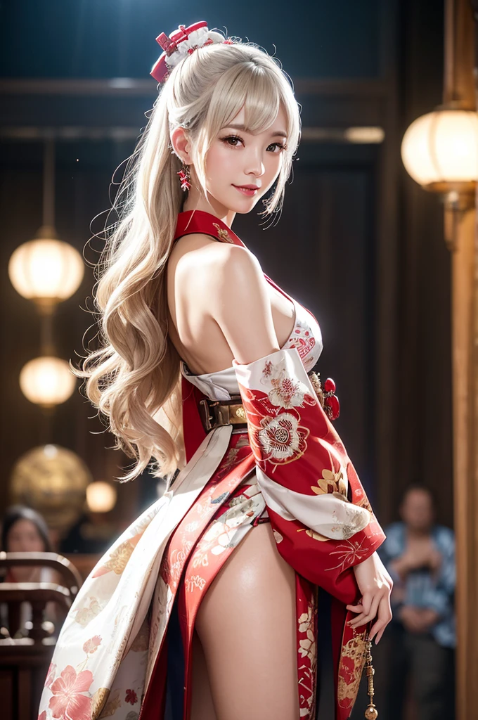 Woman portrait、Highest quality、Rear view、8K,Detailed face, clear, Fine skin、Clear, beautiful eyes、whole body、whole body、Curly Hair、My hair was messed up by the wind、The beauty of a smile、(Glamorous Muscle、tall),(Hip_superior, Hip superior), Mature Woman,( Watching the audience),Realistic, High resolution, Soft Light,1 female, alone, Hipアップ, Glowing Skin, (Detailed face), Sexy smile, Perfect Style, Perfect balance,Platinum gold hair,Long Hair,Naughty look, ((Steampunk red and white kimono、Hawaiian pattern,Mature Woman)), High-tech Mecha,Beautiful steampunk cyborg woman,Steampunk Mecha Cyborg Girl,Blue steampunk light red and white kimono、drawstring、spikes,beads、hairclip,gloves、Luxurious obi,Lavish decoration、gloves,Chastity belt,High leg),((arms behind back)),(bokeh),(studio lighting)