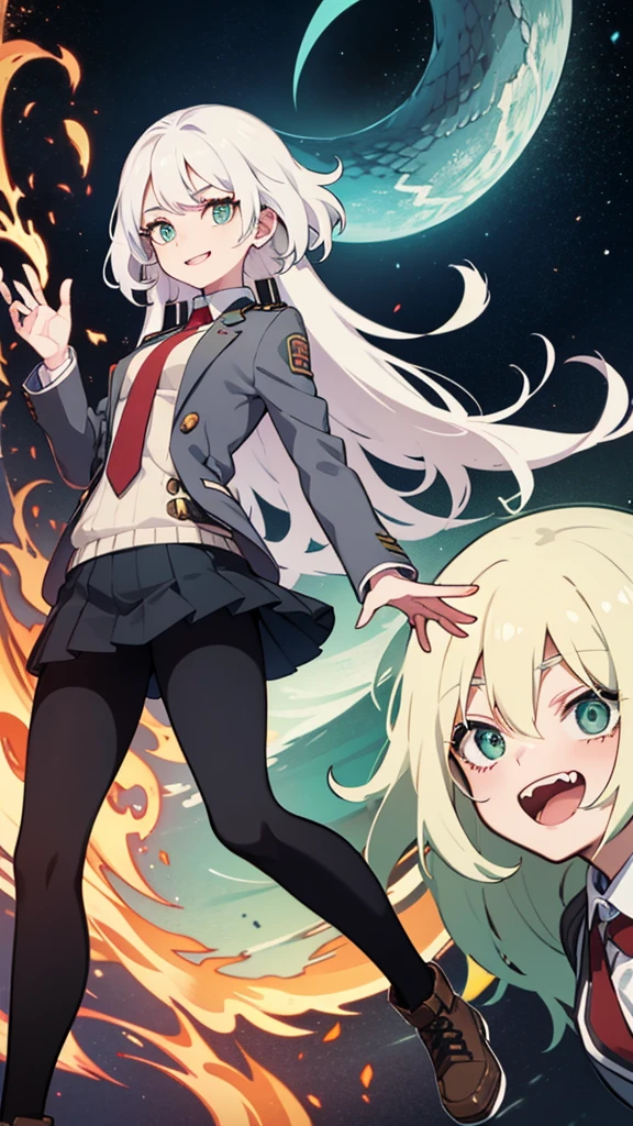 An anime style screenshot of the universe of "Boku no hero academia" (bnha). The scene shows an albino girl with short, wavy hair in the form of waves falling downwards.. He has big green eyes that stand out in his pale face.. He wears the typical UA , with a gray jacket and a red tie. The girl has snake fangs that show when she smiles and small medium-sized wings on her back. Besides, a snake's tail is seen moving behind her. The background is a typical anime school hallway, with lockers and doors on the sides
