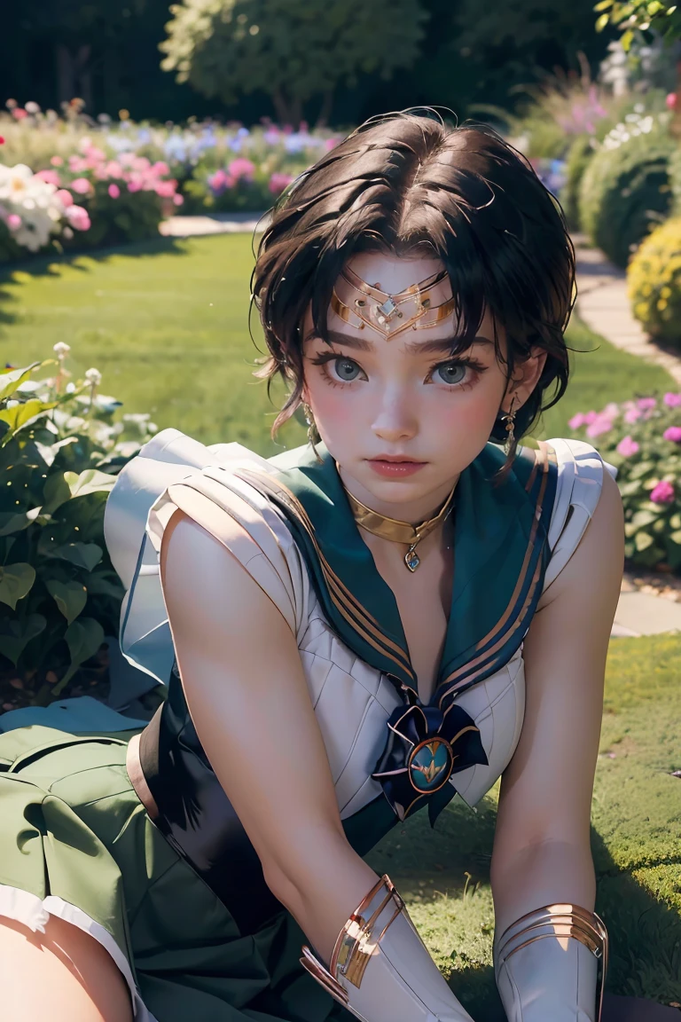 (Extreme Detail CG Unity 8K wallpaper, masterpiece, highest quality), (exquisite lighting and shadow, highly dramatic picture, cinematic lens effect), (Sailor Moon: 1.4), delicate facial features, charming smile, star eyes, ((dark green hair)), tight top, white gloves, mini skirt, dynamic pose, lying in the garden), (background in a garden full of flowers) (excellent detail, outstanding lighting, wide angle), (excellent rendering, enough to be proud of its kind),