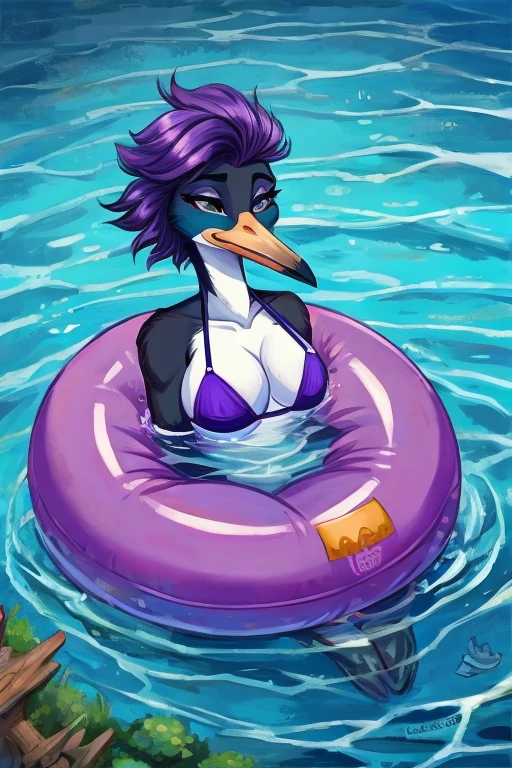 Ava is a sexy and eccentric anthropomorphic short necked stork. She has purple and white hair and wearing a purple bikini. Ava has some good time in a private pool floating in her bikini on her inflatable island. She didn't notice when her toy was popped by a random sharp stick but the bubbling sounds of an air coming from the holes attracts her attention. First she feels frustrated about having her lovely toy broken but then she decides to take an advantage of the situation and enjoy the slow diving into warm water right on her deflating island in her private pool.