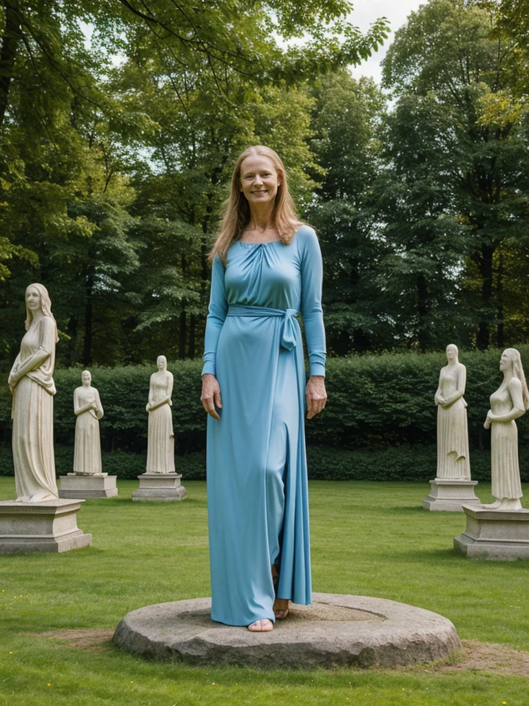 Liv Ullman, her name is Freydis, high quality, 1 old woman, ((50-year-old SLIM dutch woman)), ((50 years old)), (((wrinkled body))), ((((old body)))), (((LONG HAIR))), (((no make up))), (pale skin), (((blue eyes))), she is wearing NORWEGIAN CLOTHING, POSE: sitting, classy, laughing, happy, BACKGROUND: outdoor: Vigeland Sculpture Park, Oslo: Numerous sculptures depicting human figures in various poses and expressions. Lush greenery and winding pathways.