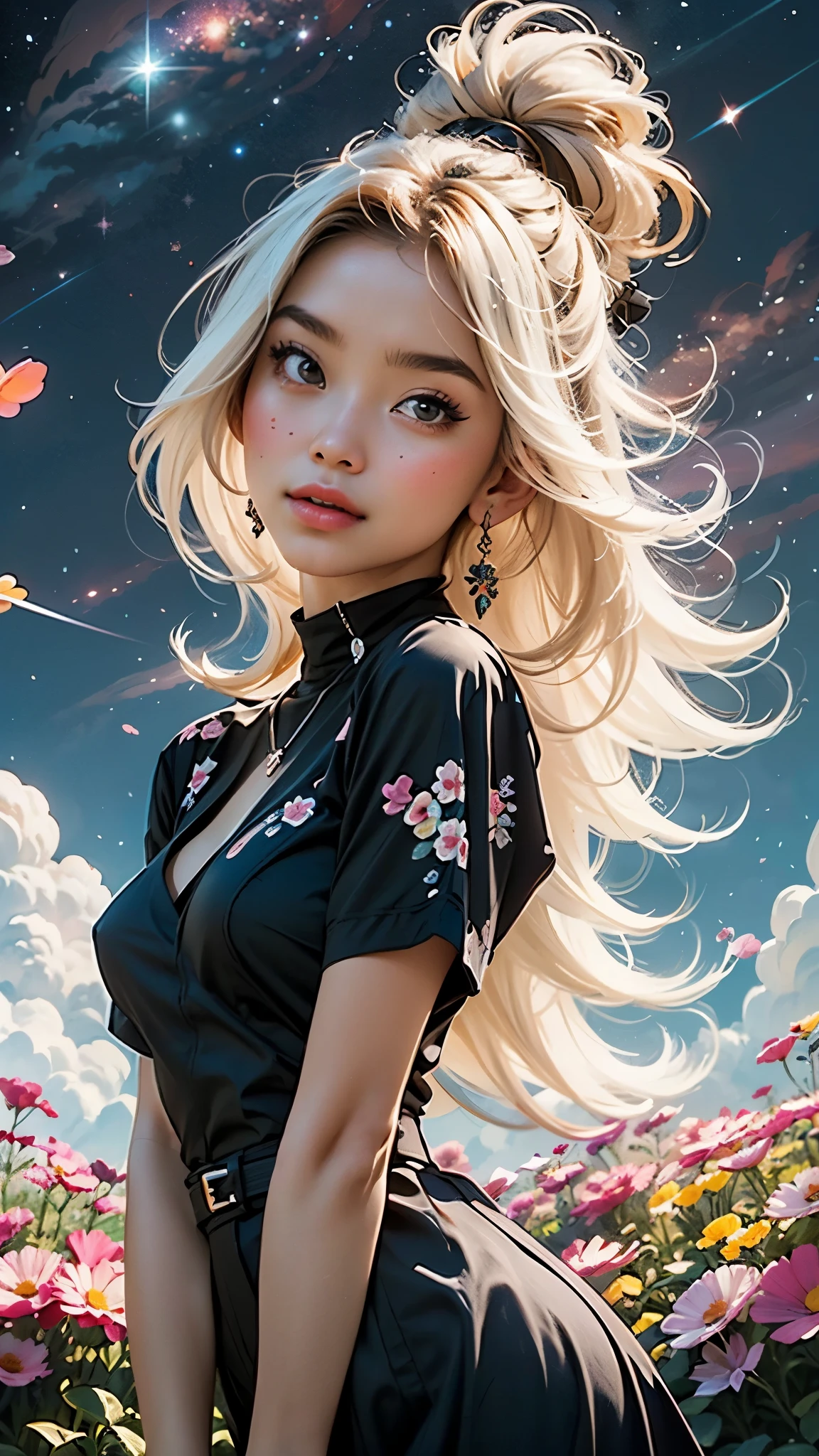 Girl standing in the clouds staring up as the stars, stars floating around her, brilliant colors, amazing swirls of cosmic dust, colorful vibrant, light particles, Create digital artwork in the Pop Art style, Featuring a vibrant and confident young Asian girl，street fashion (breast), Movie color scheme, Surrounded by vintage flower motifs, Vibrant brushstrokes,Emotions should be dynamic, Upper body, Drawing, illustration, escala cinza, tropical, Many flowers,