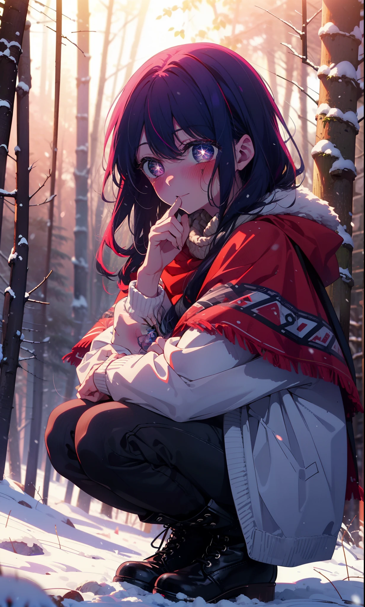 aihoshino, Ai Hoshino, Long Hair, bangs, (Purple eyes:1.1), Purple Hair, (Symbol-shaped pupil:1.5), smile,,smile,blush,White Breath,
Open your mouth,snow,Ground bonfire, Outdoor, boots, snowing, From the side, wood, suitcase, Cape, Blurred, , forest, White handbag, nature, Squat, Mouth closed, Cape, winter, Written boundary depth, Black shoes, red Cape break looking at viewer, Upper Body, whole body, break Outdoor, forest, nature, break (masterpiece:1.2), Highest quality, High resolution, unity 8k wallpaper, (shape:0.8), (Beautiful and beautiful eyes:1.6), Highly detailed face, Perfect lighting, Extremely detailed CG, (Perfect hands, Perfect Anatomy),