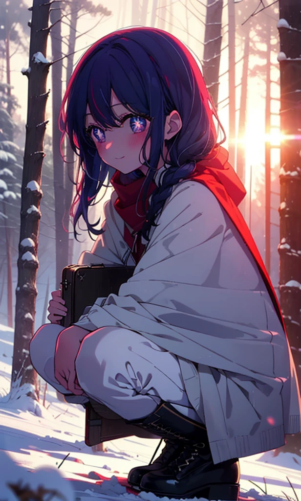 aihoshino, Ai Hoshino, Long Hair, bangs, (Purple eyes:1.1), Purple Hair, (Symbol-shaped pupil:1.5), smile,,smile,blush,White Breath,
Open your mouth,snow,Ground bonfire, Outdoor, boots, snowing, From the side, wood, suitcase, Cape, Blurred, , forest, White handbag, nature, Squat, Mouth closed, Cape, winter, Written boundary depth, Black shoes, red Cape break looking at viewer, Upper Body, whole body, break Outdoor, forest, nature, break (masterpiece:1.2), Highest quality, High resolution, unity 8k wallpaper, (shape:0.8), (Beautiful and beautiful eyes:1.6), Highly detailed face, Perfect lighting, Extremely detailed CG, (Perfect hands, Perfect Anatomy),