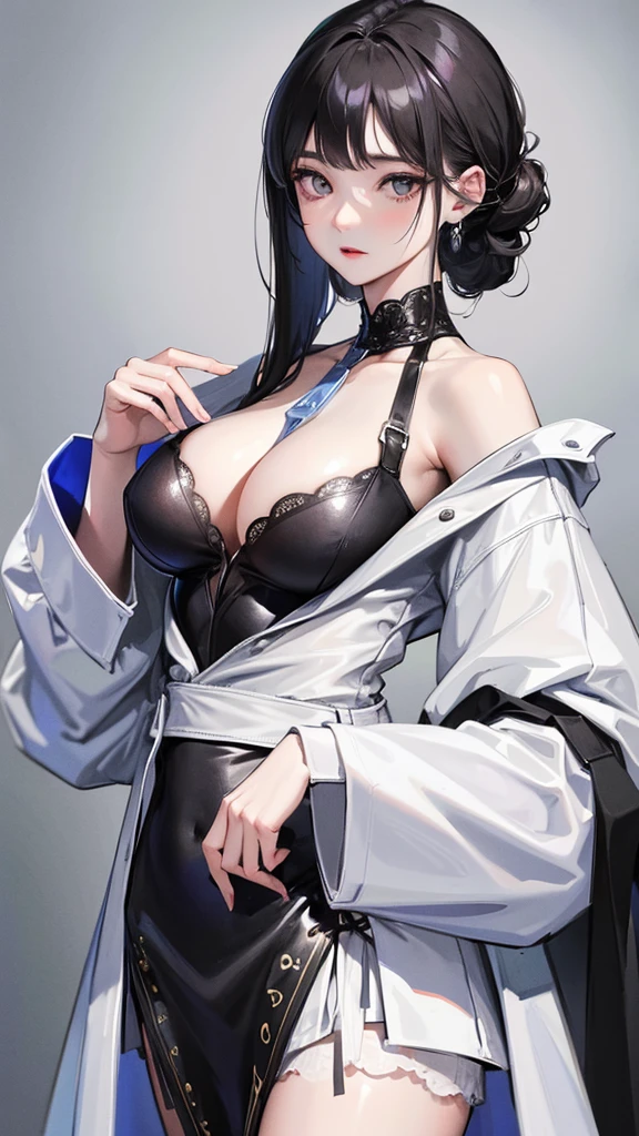 (highest resolution、different_picture)คุณpictureสูงสุด、female、Masterpiece、Highly detailed、semi-realistic、Silver Eyes、black hair, 18 years old、young people、Smart modern clothes、exquisite face、facial features、unique hairstyle, Various formats, pictureเหมือน, white background, A neutral expression,cold