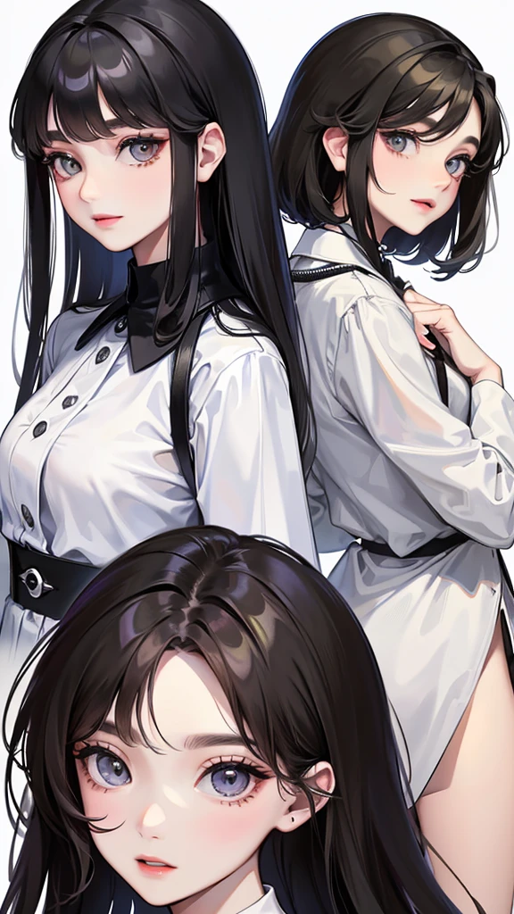 (highest resolution、different_picture)คุณpictureสูงสุด、female、Masterpiece、Highly detailed、semi-realistic、Silver Eyes、black hair, 18 years old、young people、Smart modern clothes、exquisite face、facial features、unique hairstyle, Various formats, pictureเหมือน, white background, A neutral expression,cold