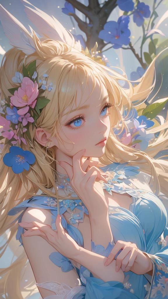 work of art, ultra creative, epic details, ultra detaild, best resolution, Woman, archer, blonde, (Beautiful nymph), ( robust wreath of leaves and pink and blue flowers), sculptural body, (clothes made of leather), ((perfect hands))), scenario:Enchanted Forest),  no mistakes, (((epic details na face))), (((ultra perfect eyes)))