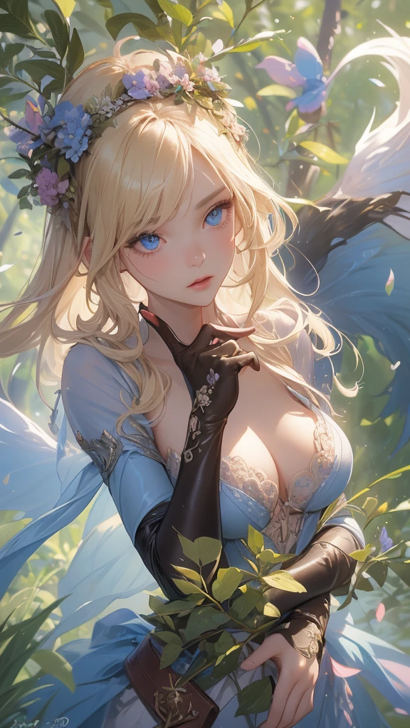 work of art, ultra creative, epic details, ultra detaild, best resolution, Woman, archer, blonde, (Beautiful nymph), ( robust wreath of leaves and pink and blue flowers), sculptural body, (clothes made of leather), ((perfect hands))), scenario:Enchanted Forest), no mistakes, (((epic details na face))), (((ultra perfect eyes)))