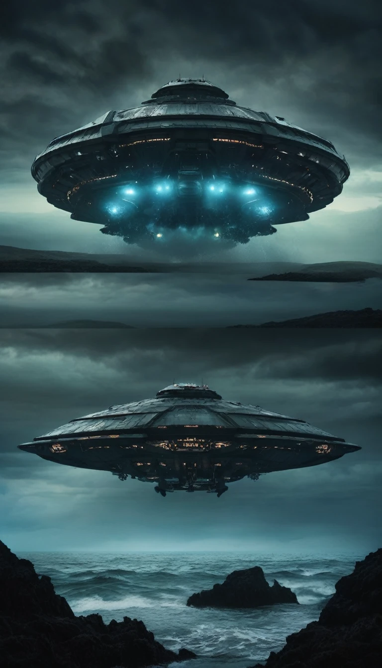sci-fi aesthetics, a dark and moody realistic cinematic wide shot of ocean alien landscape where water covers the entire surface, teeming with marine life of all shapes and sizes (with a spaceship in the background:1.4), puffy clouds, at dusk, dim lit, foggy, muted colors, hazy, vintage, analog style, science fiction, star citizen cinematic lighting, film grain, imax