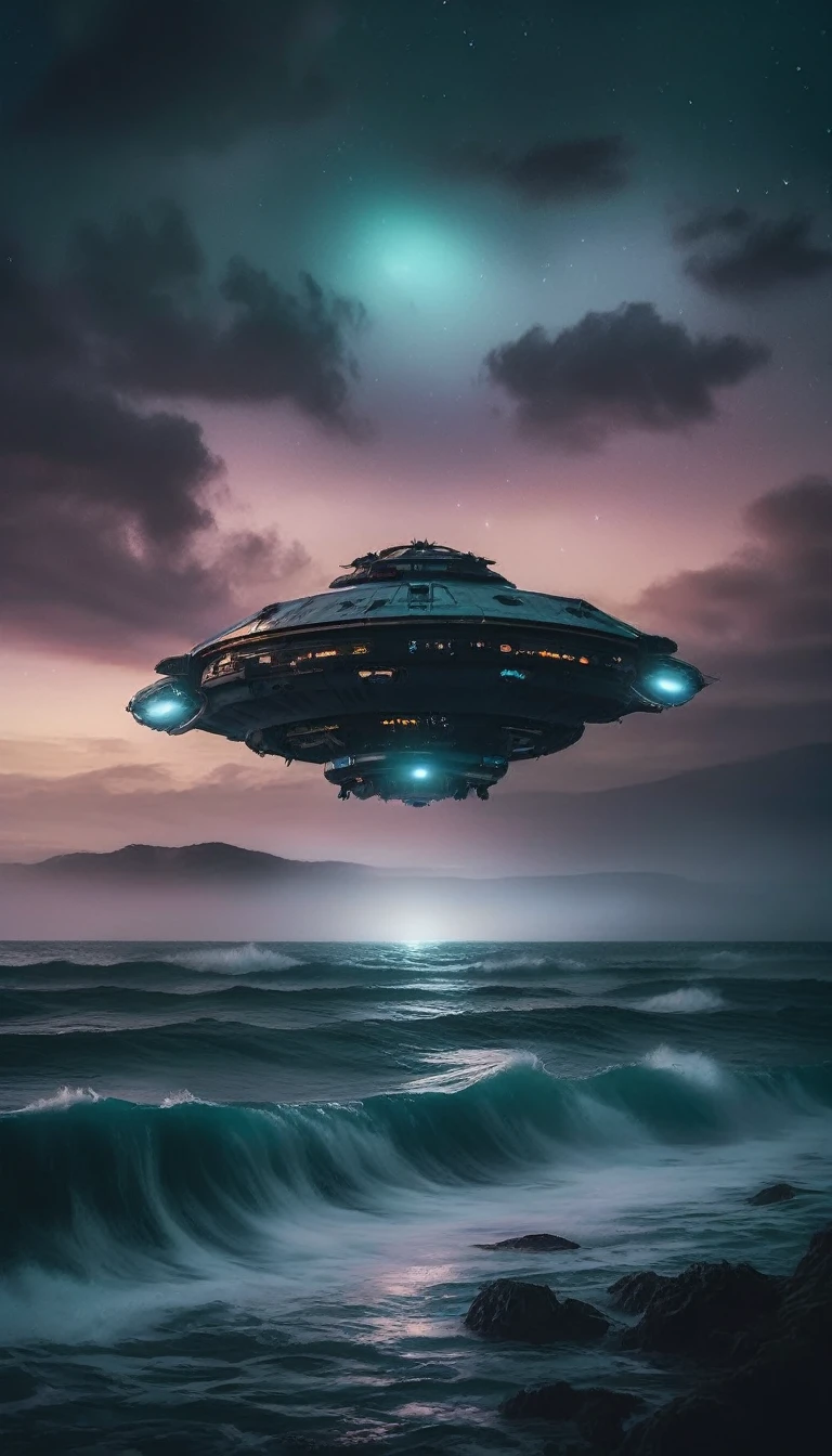 sci-fi aesthetics, a dark and moody realistic cinematic wide shot of ocean alien landscape where water covers the entire surface, teeming with marine life of all shapes and sizes (with a spaceship in the background:1.4), puffy clouds, at dusk, dim lit, foggy, muted colors, hazy, vintage, analog style, science fiction, star citizen cinematic lighting, film grain, imax