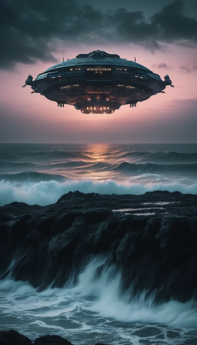 sci-fi aesthetics, a dark and moody realistic cinematic wide shot of ocean alien landscape where water covers the entire surface, teeming with marine life of all shapes and sizes (with a spaceship in the background:1.4), puffy clouds, at dusk, dim lit, foggy, muted colors, hazy, vintage, analog style, science fiction, star citizen cinematic lighting, film grain, imax