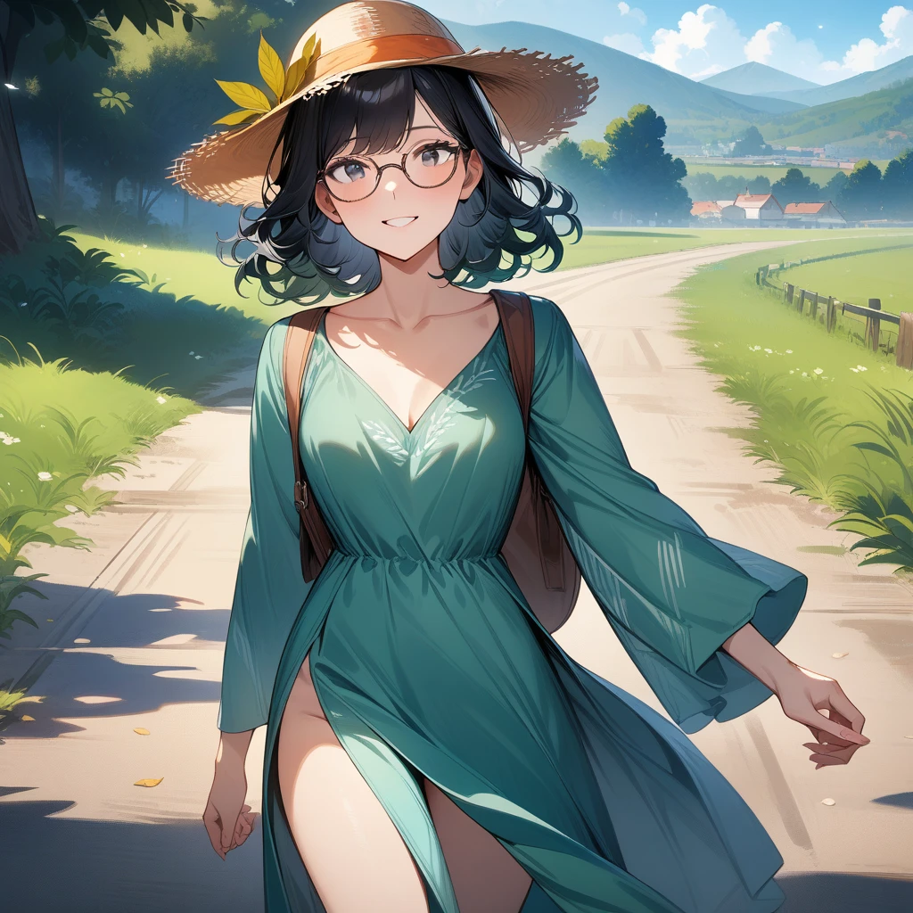 (masterpiece),(best quality),very aesthetic,(ultra-detailed),(super-fine illustration),nsfw,1girl,25yo,slender,tall,medium hair,black hair,natural wave hair,flipped hair,straw hat with leaf color ribbon,black eyes,enjoyable,happy,relaxing,walking,traveling,Humming a tune,glasses,aqua blue rucksack slung over shoulder, (dark green flared dress with gradient tropical pattern,with flaring gently,long sleeves,side slit),a silk shawl,country town scene,road leads to horizon,grassy field,cowboy shot,sideways glance
