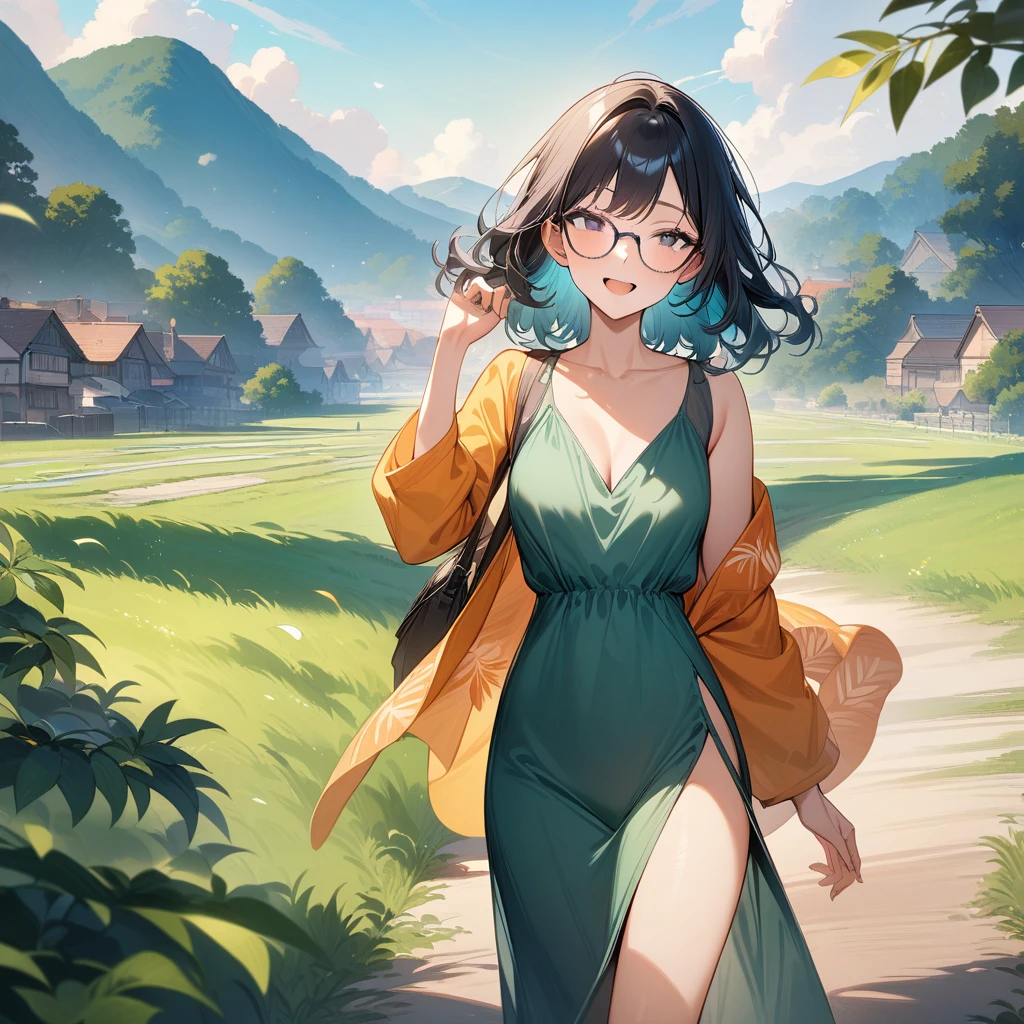 (masterpiece),(best quality),very aesthetic,(ultra-detailed),(super-fine illustration),nsfw,1girl,25yo,slender,tall,medium hair,black hair,natural wave hair,flipped hair,straw hat with leaf color ribbon,black eyes,enjoyable,happy,relaxing,walking,traveling,Humming a tune,glasses,aqua blue rucksack slung over shoulder, (dark green flared dress with gradient tropical pattern,with flaring gently,long sleeves,side slit),a silk shawl,country town scene,road leads to horizon,grassy field,cowboy shot,sideways glance