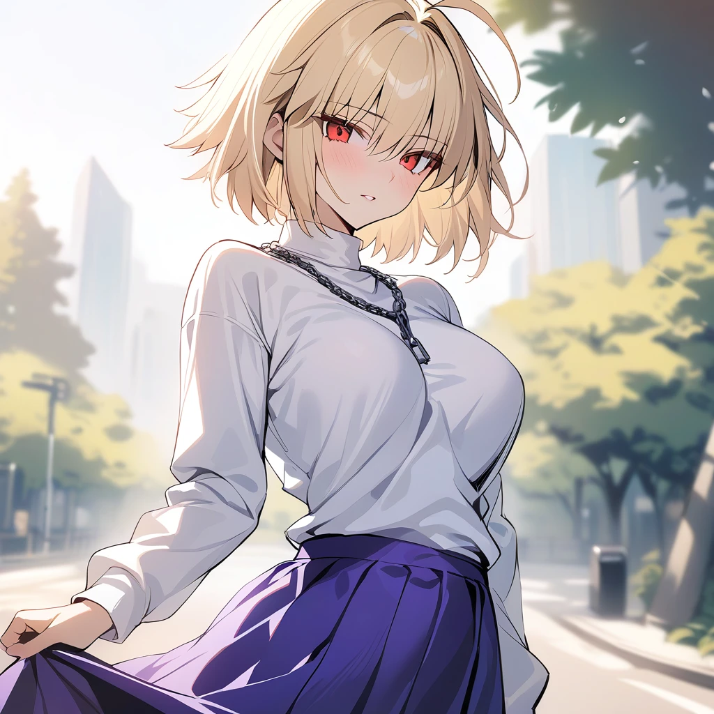 masterpiece,best quality,Arcueid,red eyes,short hair,1girl, white sweater, solo,looking at viewer, purple long skirt,hair between eyes,long sleeves,breasts,outdoors, chain necklace