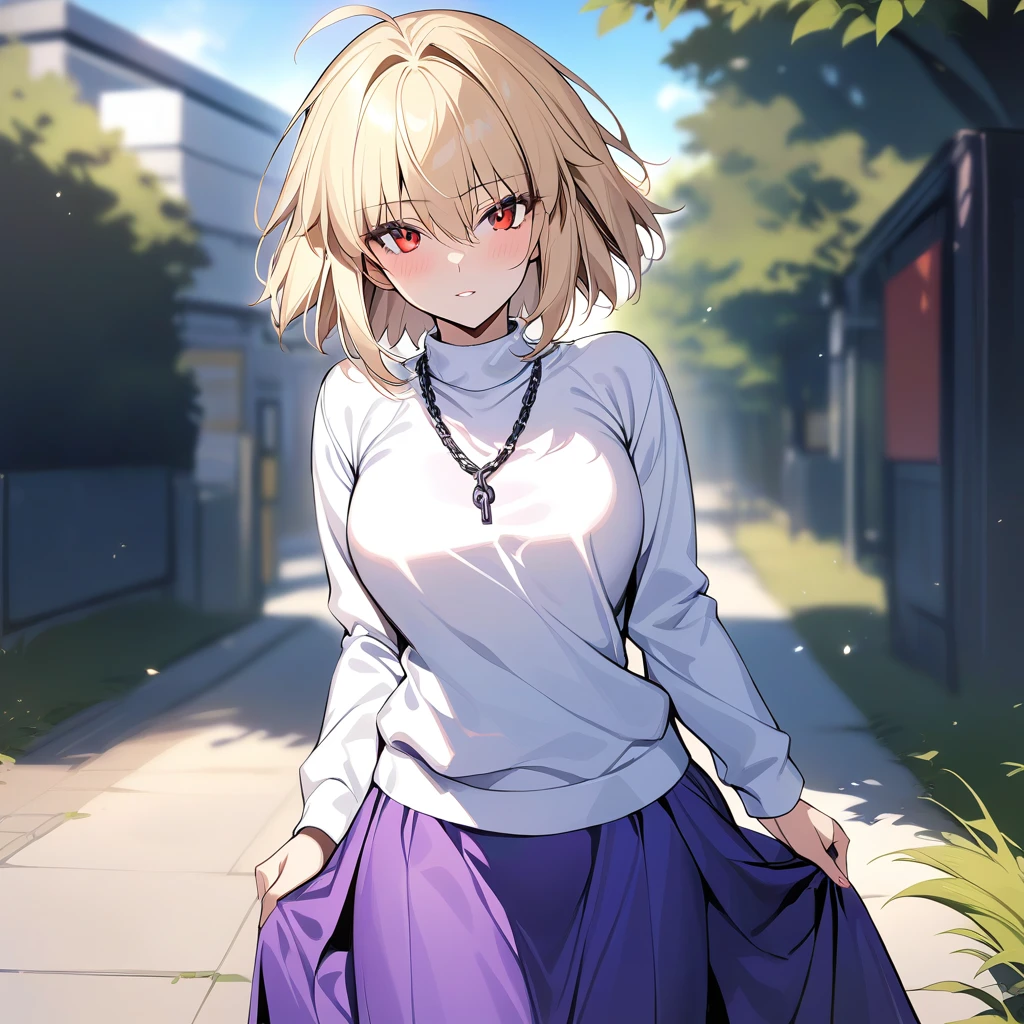 masterpiece,best quality,Arcueid,red eyes,short hair,1girl, white sweater, solo,looking at viewer, purple long skirt,hair between eyes,long sleeves,breasts,outdoors, chain necklace