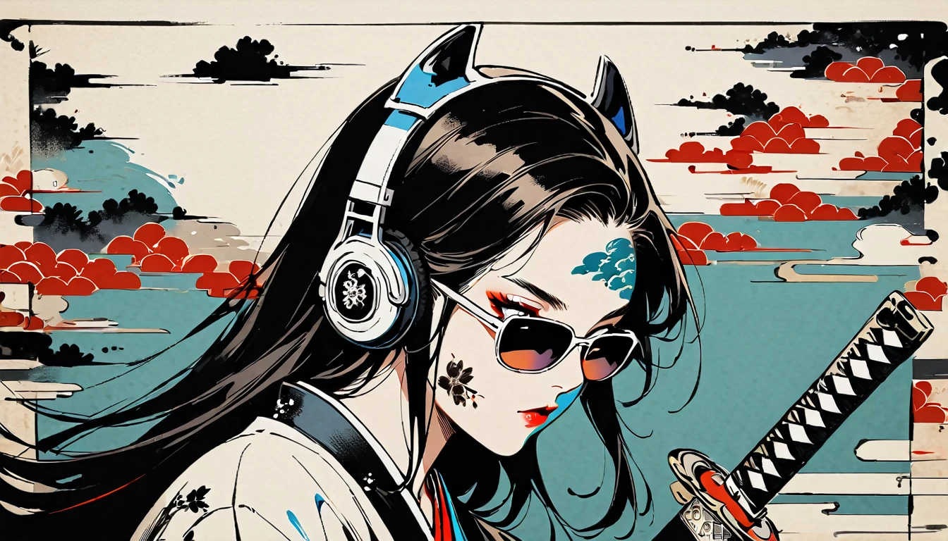 Ink Painting, (((1 girl))), (((Tattoo on face))), (((sunglasses))), (((Japanese sword))), Japanese style headphones, beautiful girl, Black Hair, Delicate and precise, Modern ukiyo-e style, background color Darkness