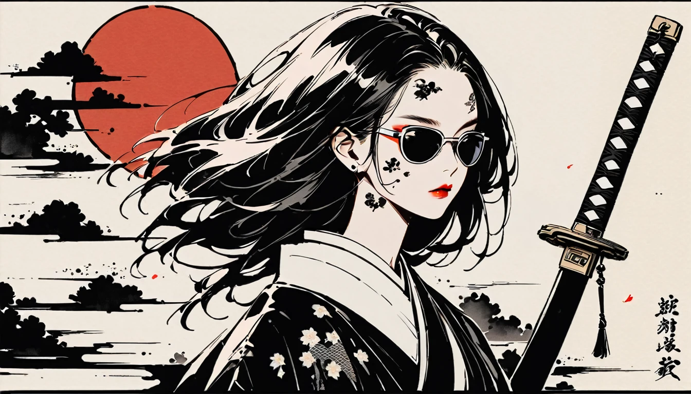 Ink Painting, (((1 girl))), (((Tattoo on face))), (((sunglasses))), (((Japanese sword))), Japanese style headphones, beautiful girl, Black Hair, Delicate and precise, Modern ukiyo-e style, background color Darkness