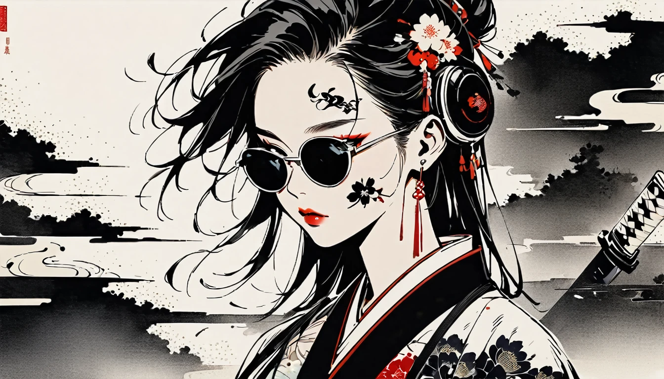 Ink Painting, (((1 girl))), (((Tattoo on face))), (((sunglasses))), (((Japanese sword))), Japanese style headphones, beautiful girl, Black Hair, Delicate and precise, Modern ukiyo-e style, background color Darkness