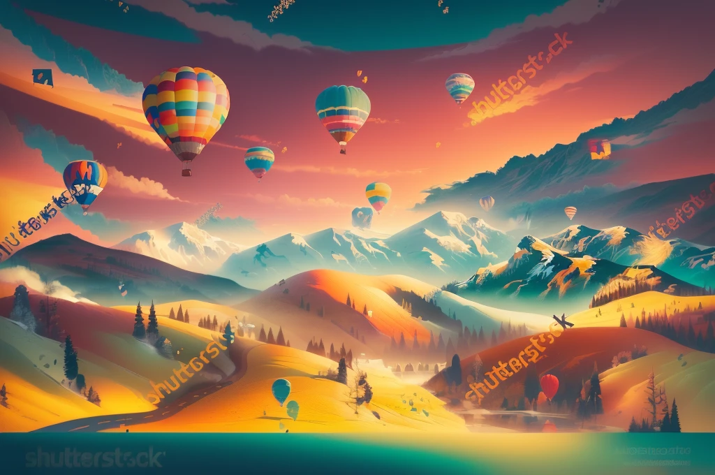 a cartoon illustration of a beautiful mountain landscape with Balloons flying over, fantastic landscape, trending on shutterstock, fantastic background landscape, picturesque landscape, amazing landscape in background, Beautiful landscape, amazing landscape, Scenic colorful environment, Balloons, beautiful picturesque landscape, shutterstock, very detailed landscape, Natural landscape, beautiful detailed scene, epic Beautiful landscape, a Beautiful landscape