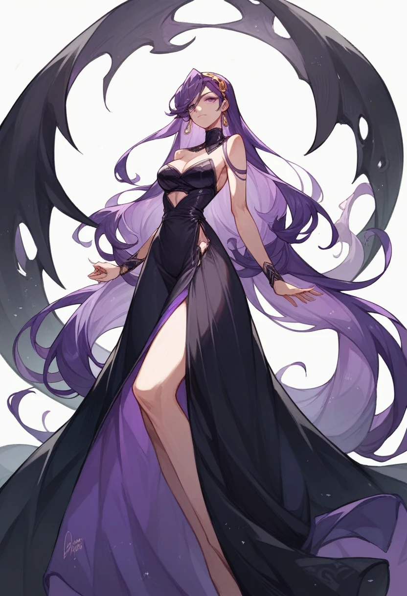 Athena,Extra long purple hair,Purple Eyes,Wearing black silk,Purple long skirt,Black long skirt,But the long skirt is very sexy and revealing,There is no decoration on the head,A black hole in the universe,Purple and black black hole