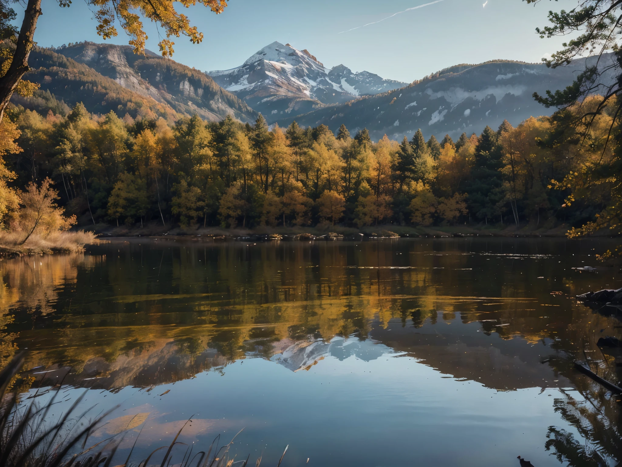 A tranquil mountain lake surrounded by an autumnal forest, 1 girl standing by the lakeside, detailed beautiful face, long eyelashes, (best quality,4k,8k,highres,masterpiece:1.2),ultra-detailed,(realistic,photorealistic,photo-realistic:1.37),HDR,UHD,studio lighting,ultra-fine painting,sharp focus,physically-based rendering,extreme detail description,professional,vivid colors,landscape,warm autumn colors,dramatic lighting,reflections on the lake