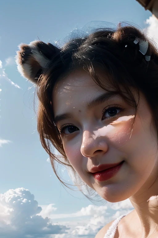 Masterpiece, Superior quality, cinematographic frames, A girl, floating in the sky, cloud girl, clouds, (close up: 1.1), bright, happy, funny, soft lighting, (bauhaus, form, LINE, abstract: 1.1), panda ears