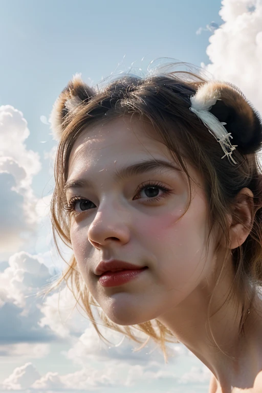 Masterpiece, Superior quality, cinematographic frames, A girl, floating in the sky, cloud girl, clouds, (close up: 1.1), bright, happy, funny, soft lighting, (bauhaus, form, LINE, abstract: 1.1), panda ears