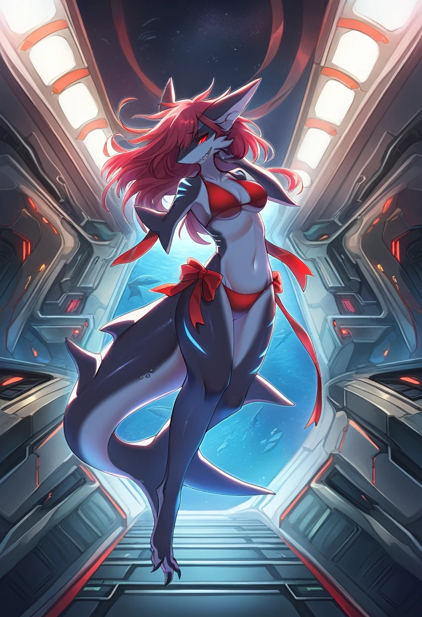((Masterpiece)), ((Best Quality)), (Very Detailed), ((Very Detailed)), 4K, (8K), very aesthetic, absurdres highres, 1woman, anthropomorphic shark, furry, kemono, A scene in which an android shaped like a shark stands in the starry sky of the space station. It has sharp teeth, glowing red eyes, and a black metal plate with shiny black accents. She is wearing a red bikini swimsuit, and the texture of the metal plates and the background of a futuristic underwater city are detailed. A red ribbon sways in zero gravity, with fine details around the eyes.