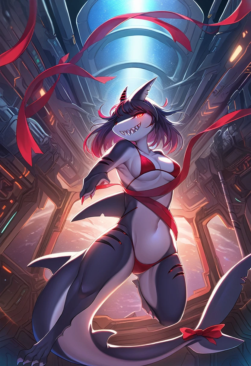 ((Masterpiece)), ((Best Quality)), (Very Detailed), ((Very Detailed)), 4K, (8K), very aesthetic, absurdres highres, 1woman, anthropomorphic shark, furry, kemono, A scene in which an android shaped like a shark stands in the starry sky of the space station. It has sharp teeth, glowing red eyes, and a black metal plate with shiny black accents. She is wearing a red bikini swimsuit, and the texture of the metal plates and the background of a futuristic underwater city are detailed. A red ribbon sways in zero gravity, with fine details around the eyes.