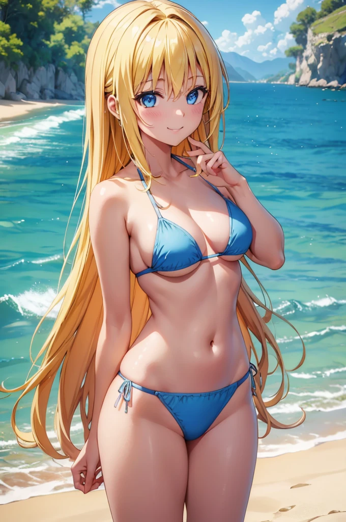 (masterpiece:1.3), (best quality:1.1), (8k, ultra detailed, ultra high res:1.2), ((anime style)), (perfect 5 fingers:1.2), perfect anatomy,
1girl,
BREAK long hair,
blonde hair,
blue eyes,
medium breasts,
bikini,
BREAK looking at viewer, wariza, standard weight,
cowboy shot,
smile,
BREAK perfect light, detail background, perfect light, outdoors, outside, sea, sky, summer,