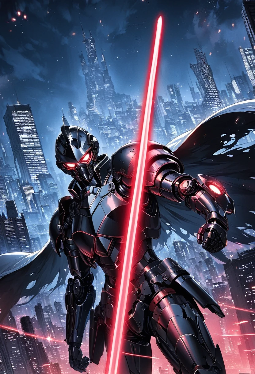 (Best quality,high resolution),Angel with huge golden laser sword,Black Armor, Have a pair of exquisite eyes,Hold the lightsaber high,45 degree angle,Mechanical prosthesis,monochrome exposure,Dramatic Lighting,Cityscape with red holographic sci-fi projection,Sci-fi style.