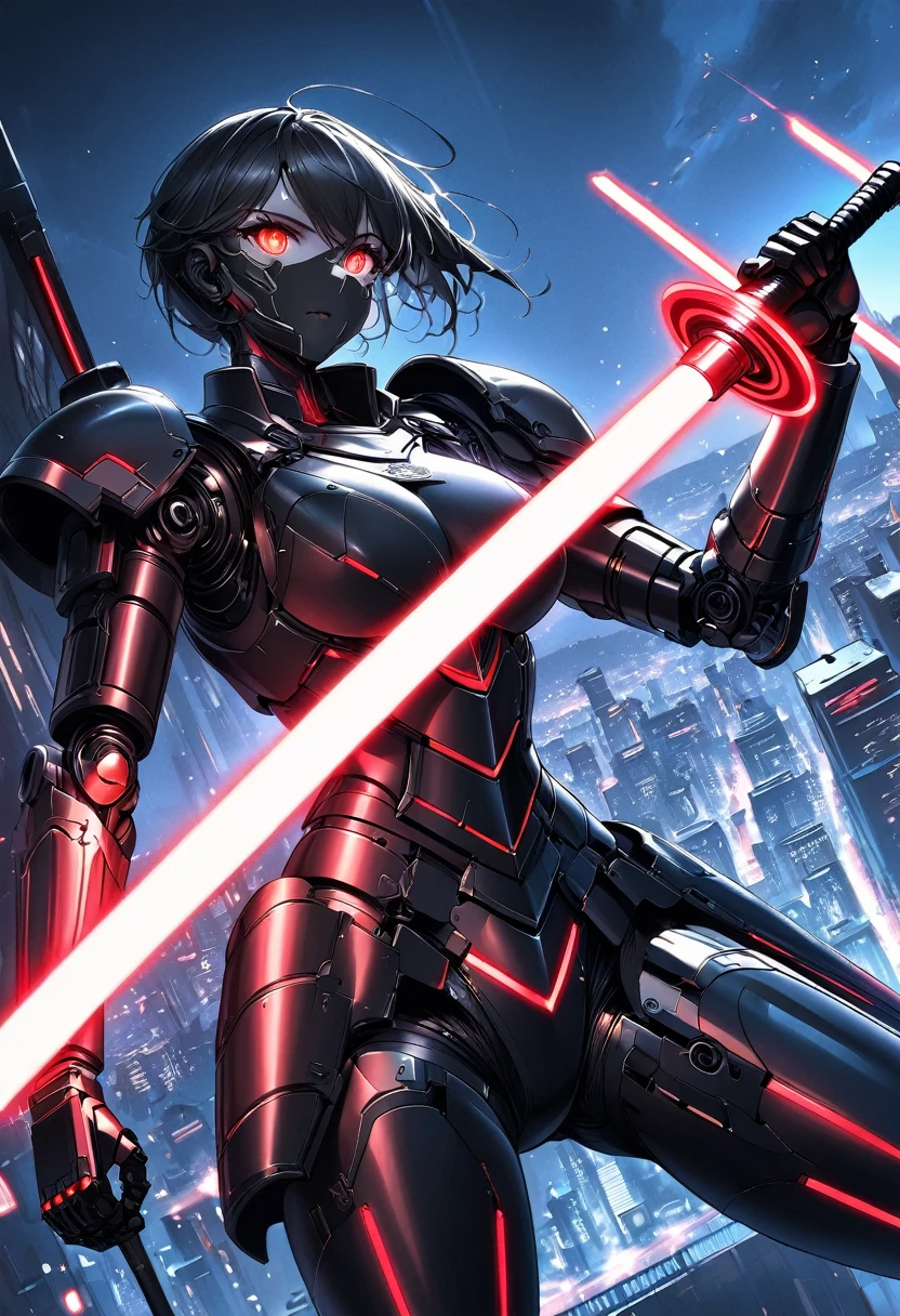 (Best quality,high resolution),Angel with huge golden laser sword,Black Armor, Have a pair of exquisite eyes,Hold the lightsaber high,45 degree angle,Mechanical prosthesis,monochrome exposure,Dramatic Lighting,Cityscape with red holographic sci-fi projection,Sci-fi style.