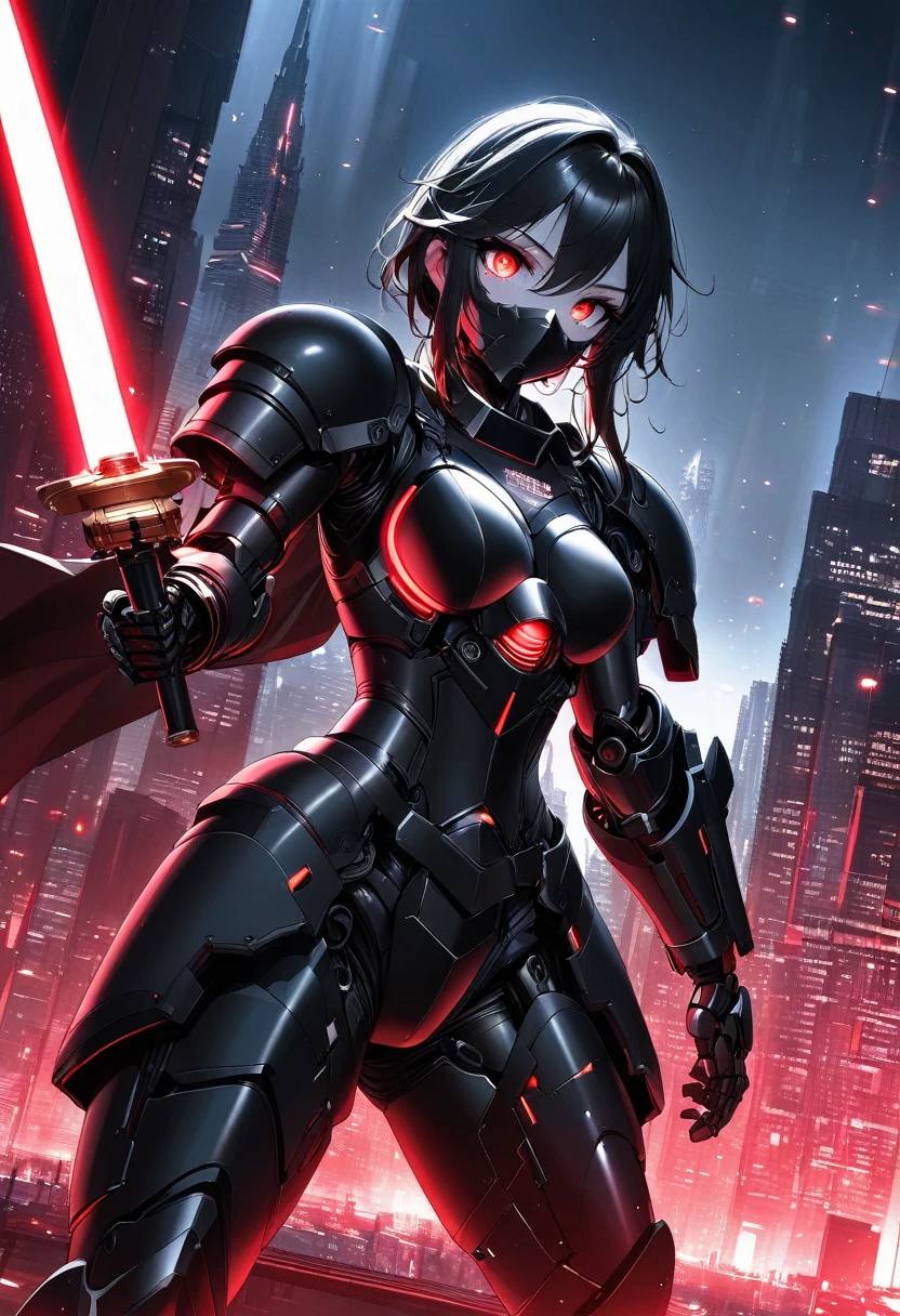 (Best quality,high resolution),Angel with huge golden laser sword,Black Armor, Have a pair of exquisite eyes,Hold the lightsaber high，45 degree angle,Mechanical prosthesis,monochrome exposure,Dramatic Lighting,Cityscape with red holographic sci-fi projection,Sci-fi style.
