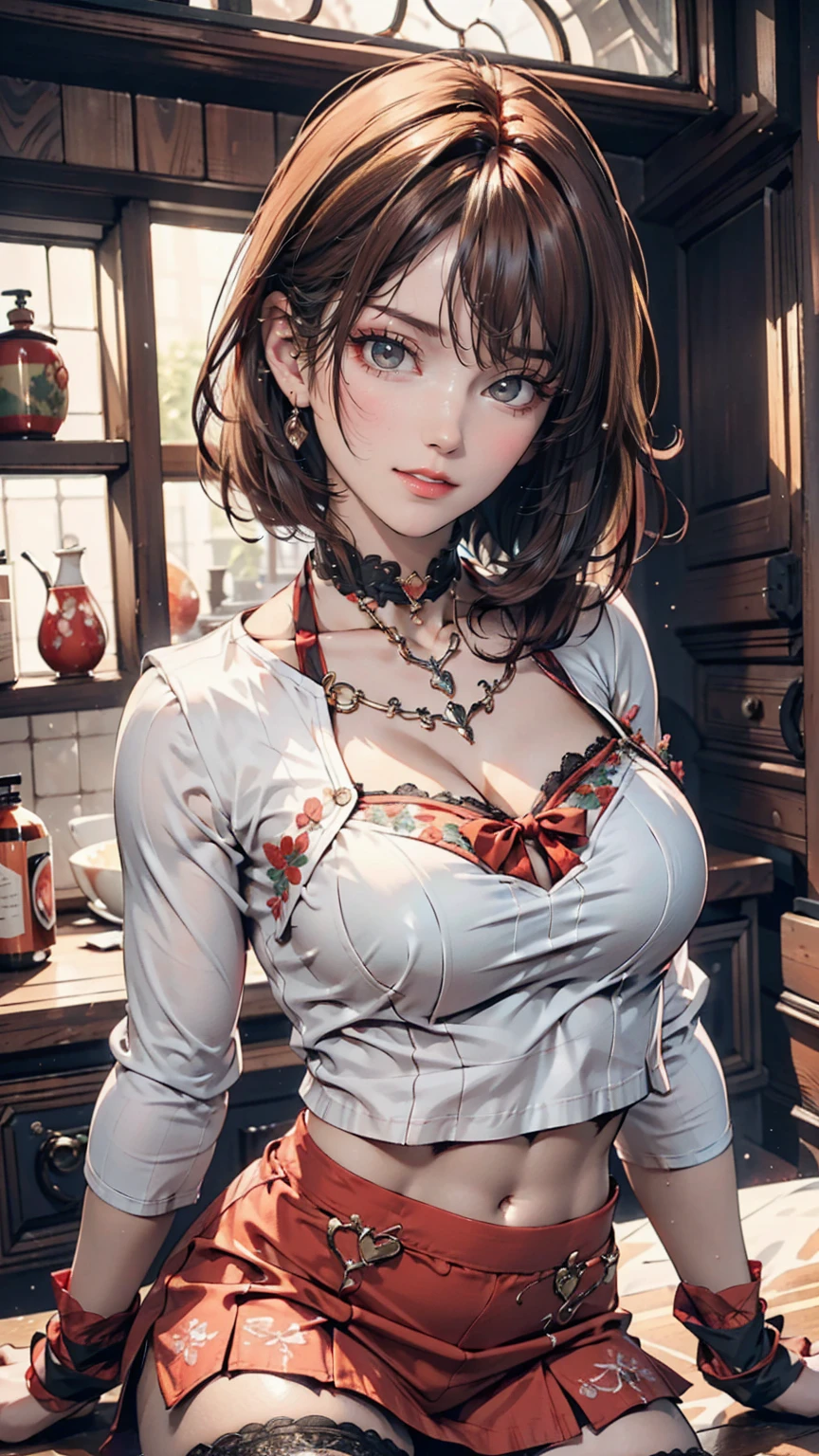 (Highest quality, masterpiece), One girl, Intricate details, Off the shoulder, skirt, choker, Frills, See-through, View your viewers, blush, Upper Body, Blurred Background, Floral print, Contrasting、Sexy proportions、Narrow waist、Wear a lace scrunchie on your wrist、Wearing erotic lingerie with lace decoration