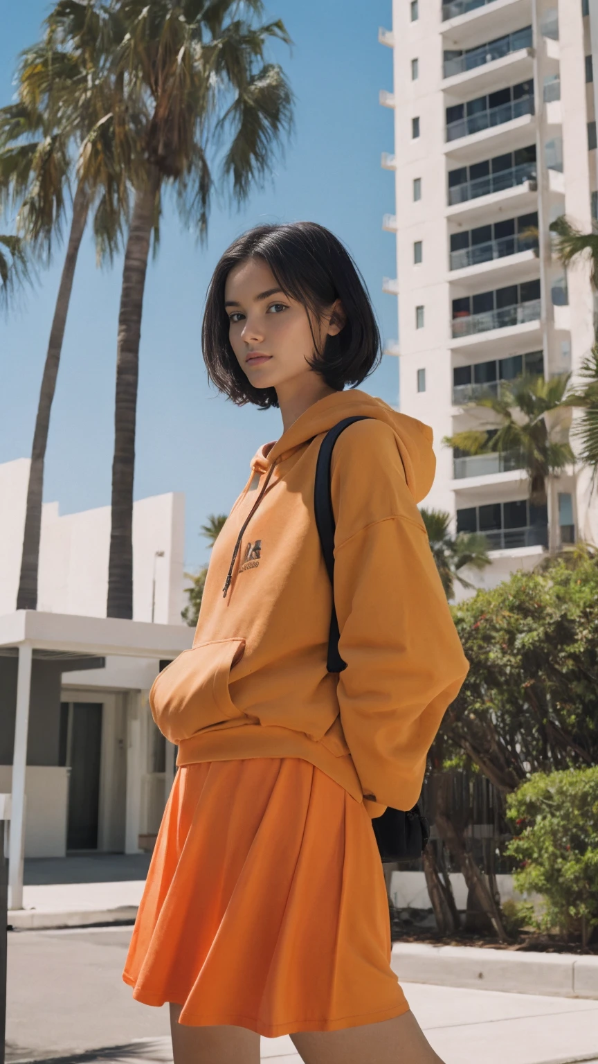 long shot portrait of cute 23 yo girl ,wear ((orange color oversized hoodie)), wear ((purple tennis skirt)),looking viewer,Best Quality,Masterpiece,Ultra High Resolution,(Realisticity:1.4),Original Photo, 1Girl, light leak,ultra high resolution,UHD,beautiful, (black bob hair), almond eye, no makeup, in front of ((80's mondrian architecture motel)), (realistic:1.2), (surreal:1.3), (very detailed:1.1), ((masterpiece)),summer, blue sky, palm trees,sunny, los angles vibes,film camera, 800mm lens,style of Philip Lorca diCorcia