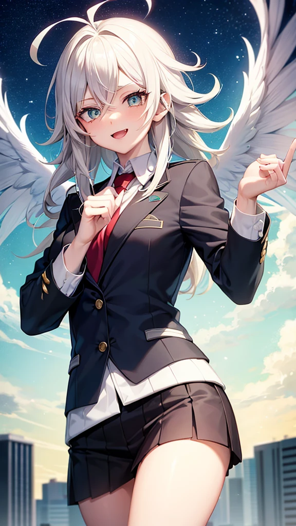 An anime style screenshot of the universe of "Boku no hero academia" (bnha). The scene shows an albino girl with short, wavy hair in the form of waves falling downwards.. He has big green eyes that stand out in his pale face.. He wears the typical UA , with a gray jacket and a red tie. The girl has snake fangs that show when she smiles and small medium-sized wings on her back. Besides, a snake&#39;s tail is seen moving behind her. The background is a typical anime school hallway, with lockers and doors on the sides