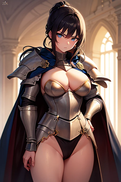 masterpiece, extra limbs, 1lady, 25 years old, gold long high ponytail, gold pubic hair, slant blue eyes, medium pointy breasts large areolas, muscle, serious, standing,hold a claymore, (((clothed Knight cape))),