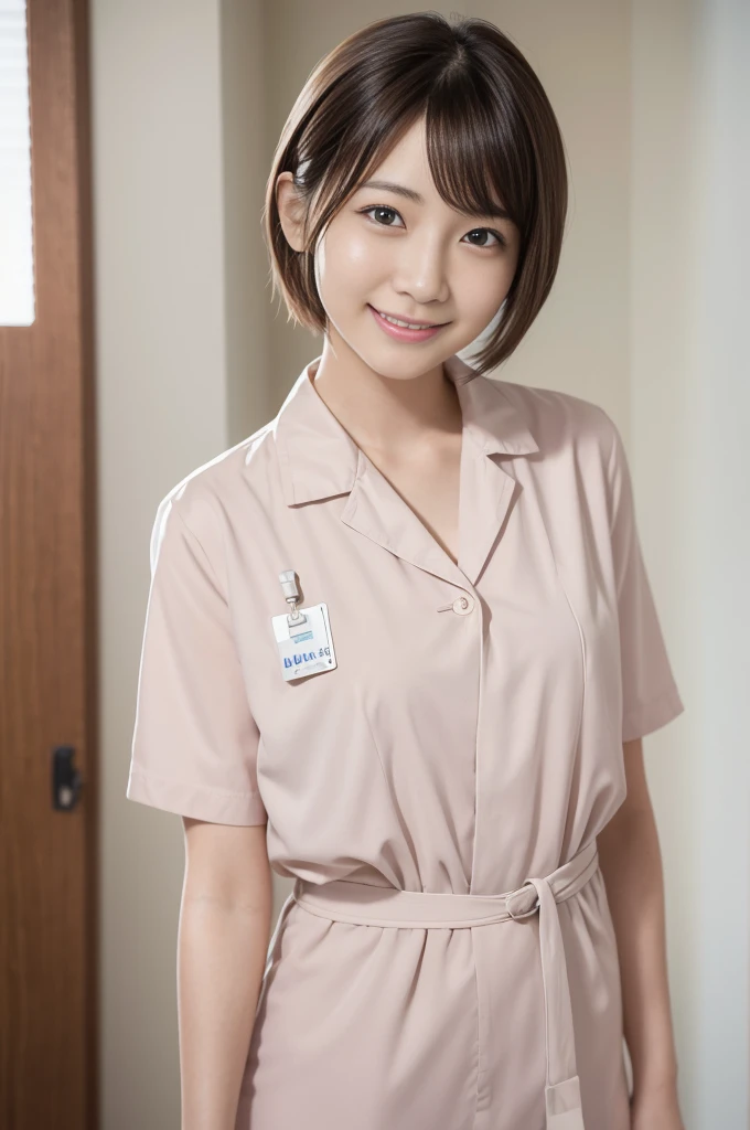 Masterpiece,4K,8K,real,One Woman,Japanese,23 years old,nurse,Clear eyes and nose,Brown natural short hair,fine,Active,bright,healthy,nice smile,An innocent smile,Elegant,clear,Very small breasts,Charm,Nice style,She is dressed as a nurse.,The background is the hospital