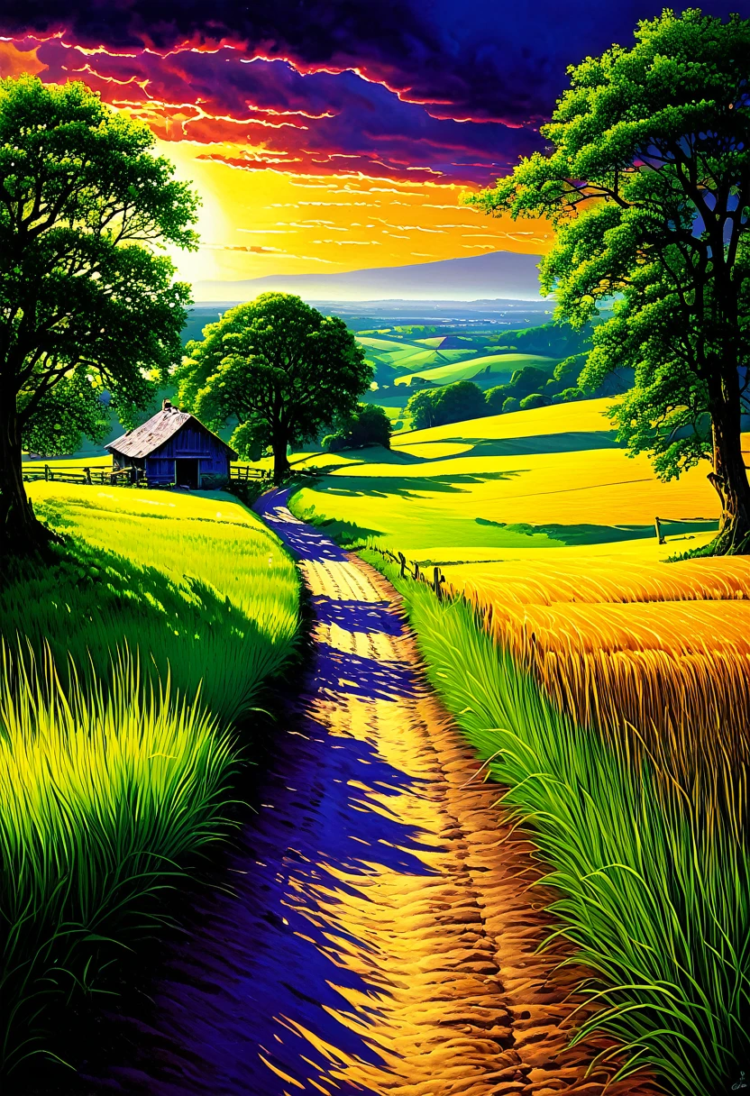 Summer countryside (painting style), realistic, very realistic, detailed, breathtaking realism, high contrast realism, highly saturated realism, vibrant colors, dramatic lighting, captivating landscapes, gripping storytelling, atmospheric scenes, captivating visuals, intricate detail, intense emotion, fantastical beauty, dreamlike worlds