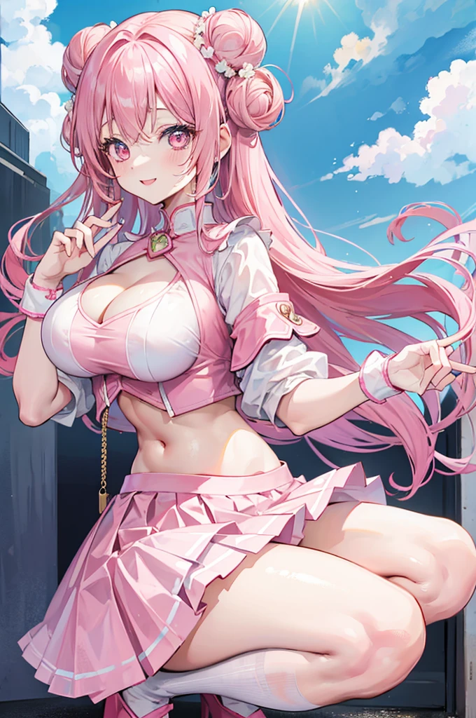 one woman, pink hair, gyaru, canine, aquamarine eyes, Double bun ,
navel, manicure, curly long hair, neat white uniform, smiling parabolic eyes, Open your mouth and smile brightly, squatting cleavage, cute, short pink skirt, very large breasts