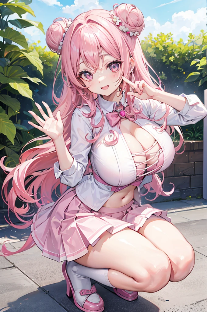 one woman, pink hair, gyaru, canine, aquamarine eyes, Double bun ,
navel, manicure, curly long hair, neat white uniform, smiling parabolic eyes, Open your mouth and smile brightly, squatting cleavage, cute, short pink skirt, very large breasts