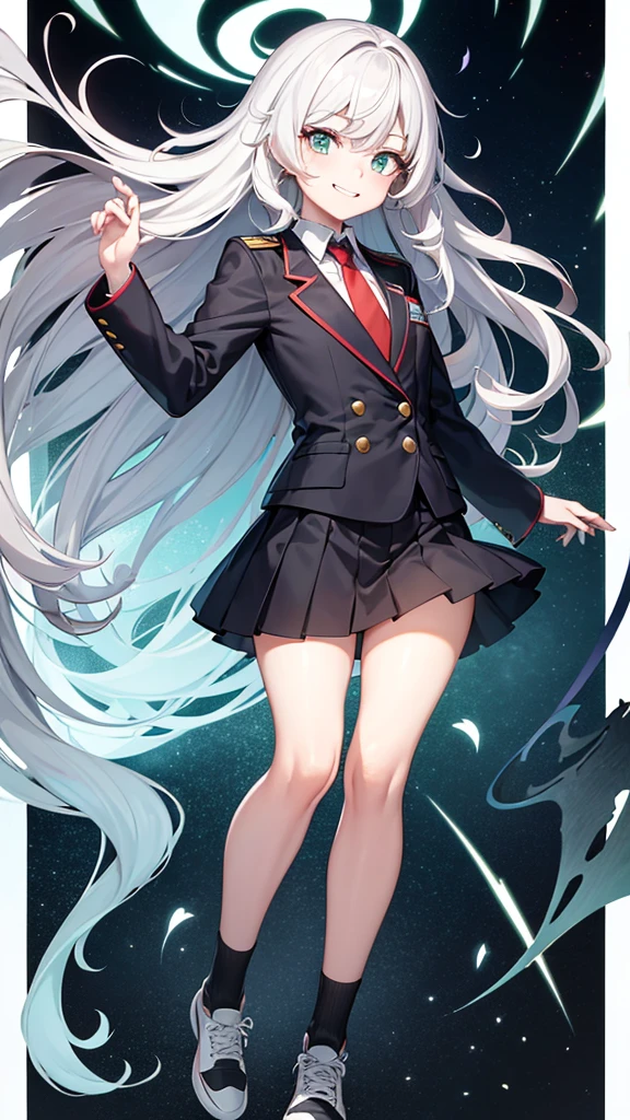An anime style screenshot of the universe of "Boku no hero academia" (bnha). The scene shows an albino girl with short, wavy hair in the form of waves falling downwards.. He has big green eyes that stand out in his pale face.. He wears the typical UA , with a gray jacket and a red tie. The girl has snake fangs that show when she smiles and small medium-sized wings on her back. Besides, a snake's tail is seen moving behind her. The background is a typical anime school hallway, with lockers and doors on the sides