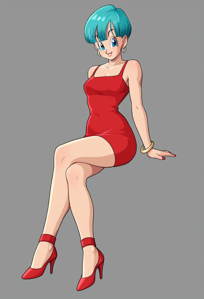 Bulma briefs red dress legs crossed